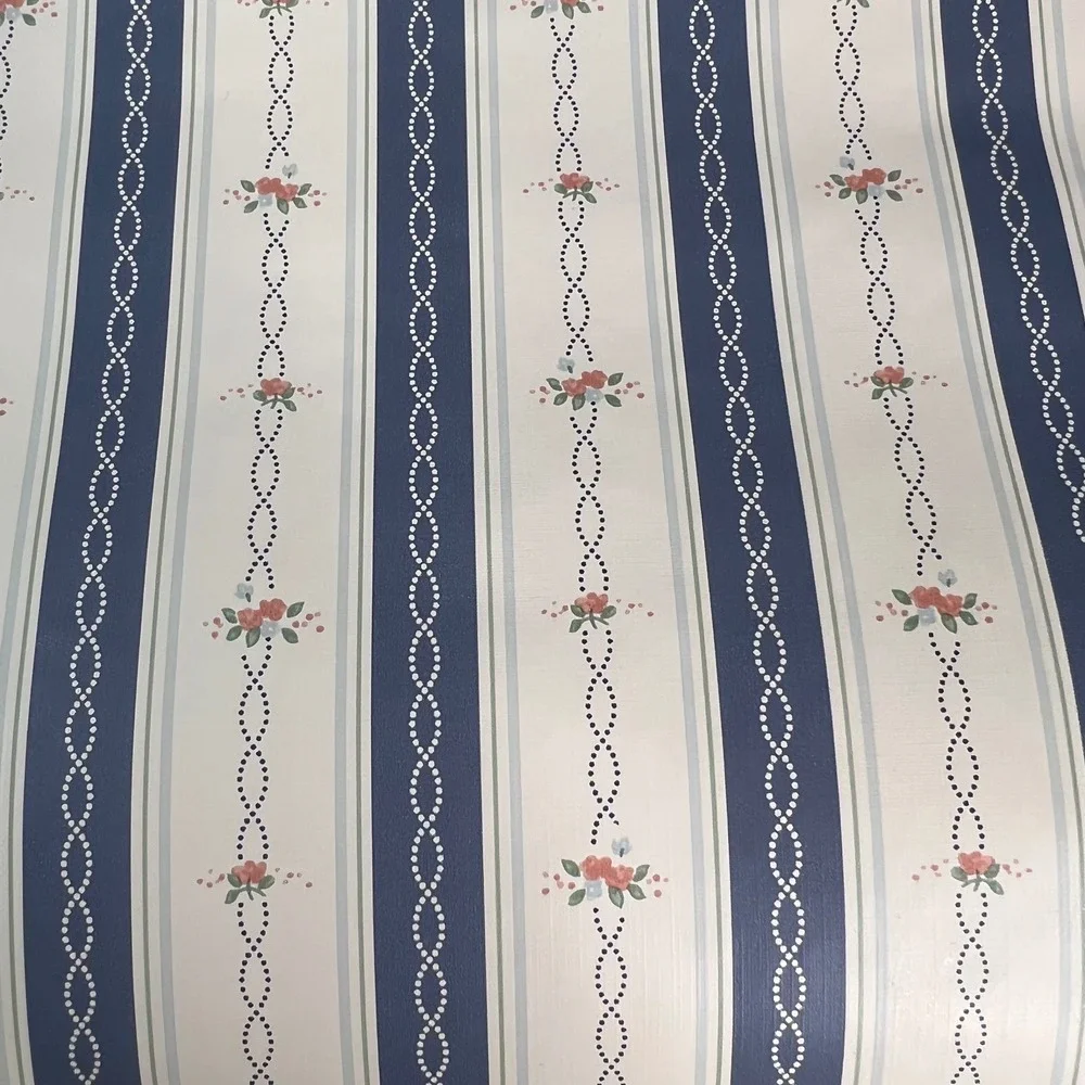Vintage Floral Striped Wallpaper Roll Navy Blue Cream Cottagecore 20.5 Inch